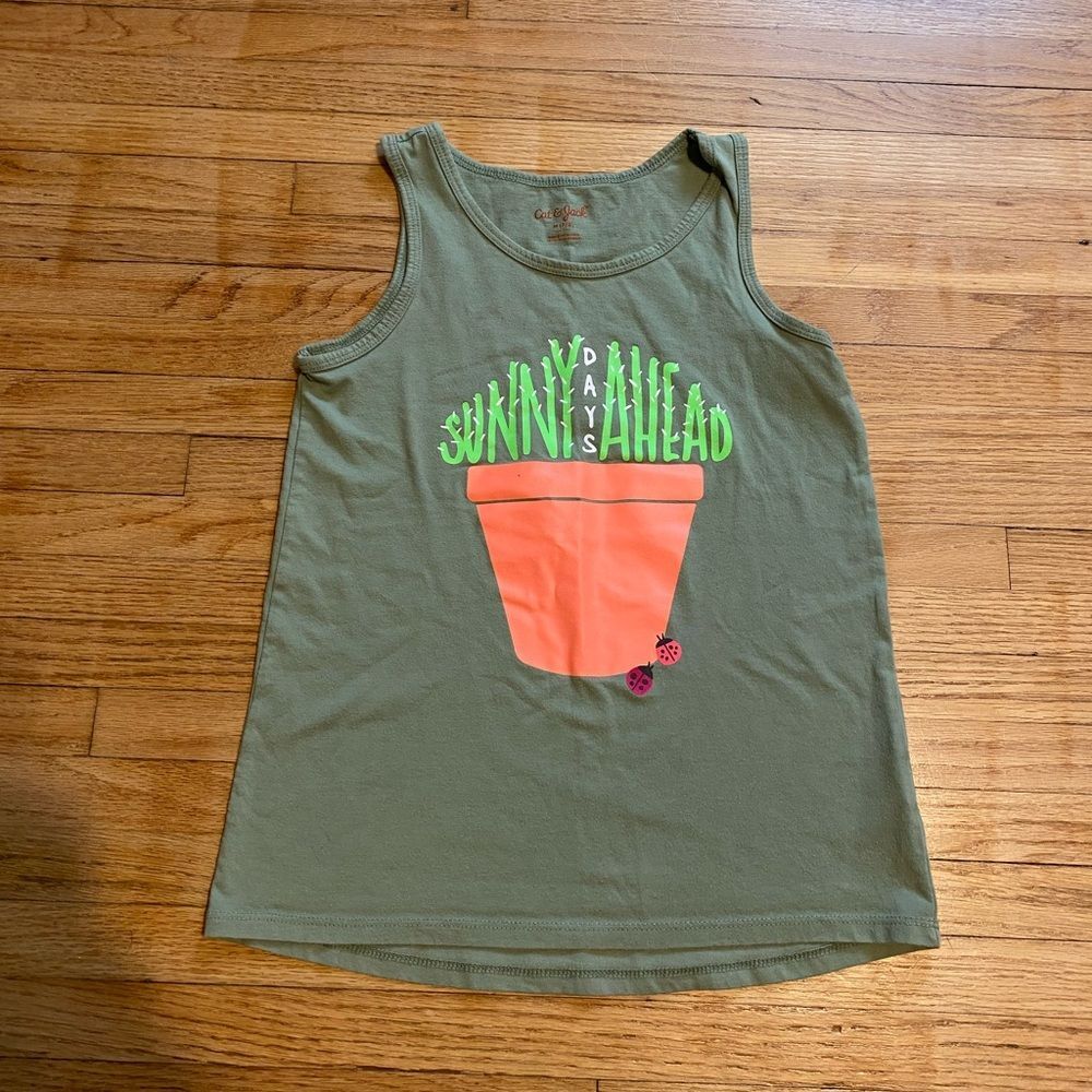 Cat & Jack Girl 8 Green Tank Top with Sunny Days Ahead Print Plants Sleeveless